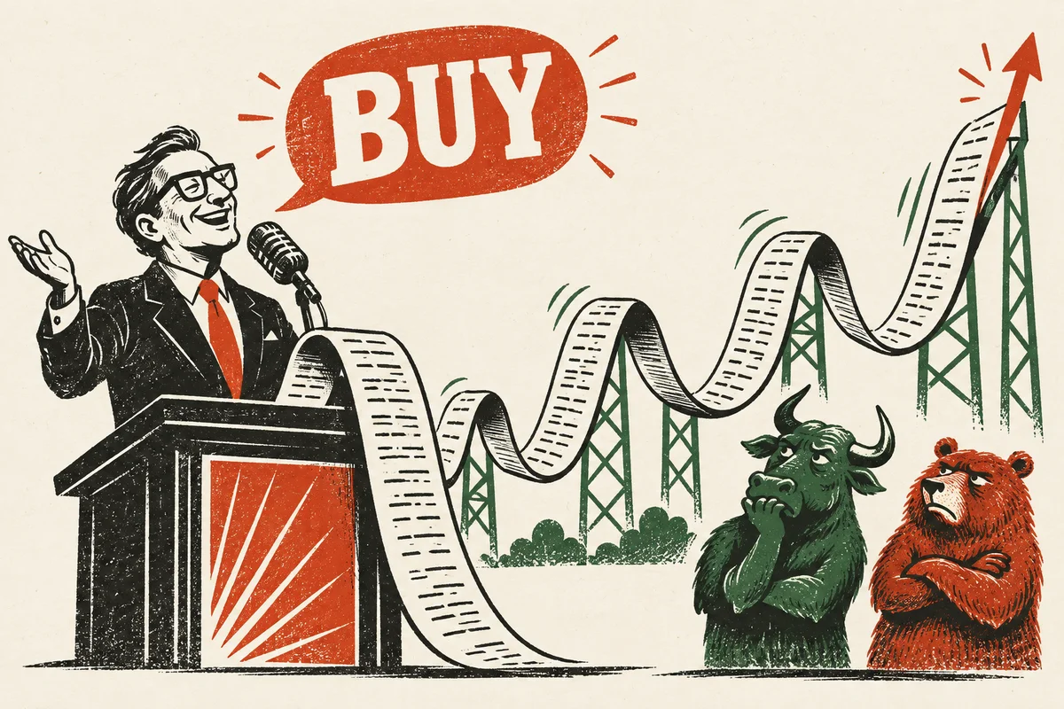 An illustrated investing pundit says buy while a bull and bear watch the chart take its own path.